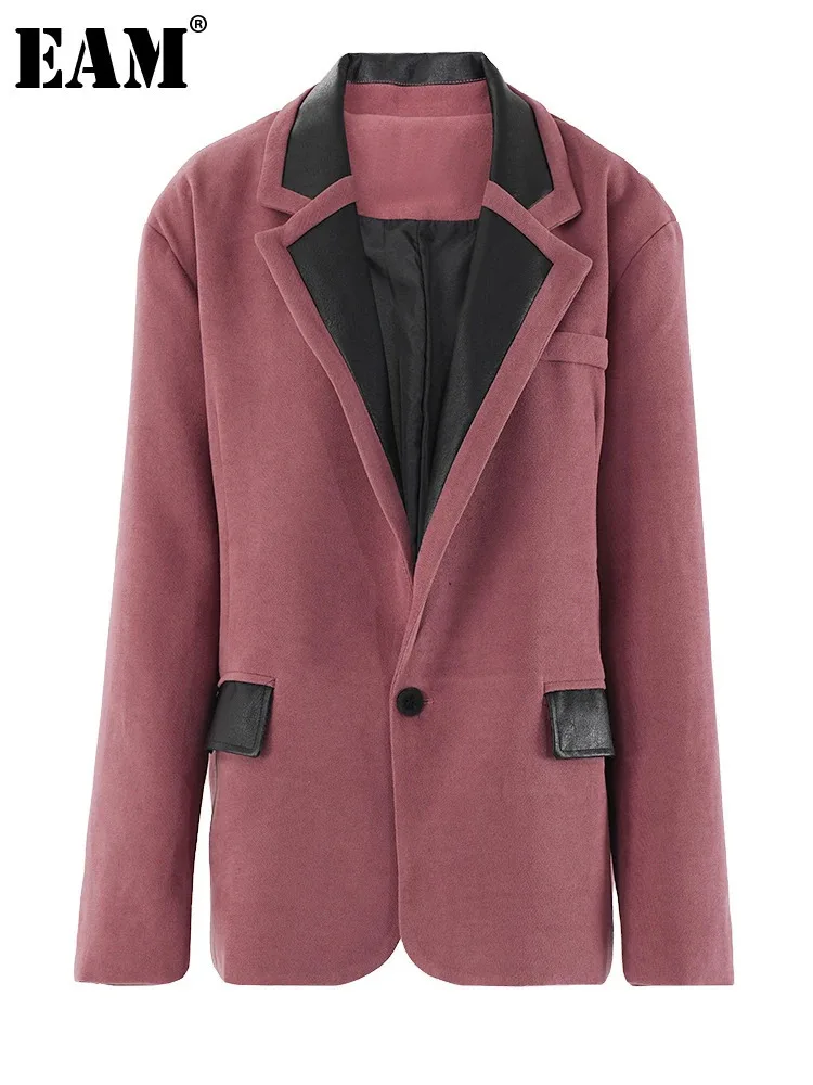 

[EAM] Женский фиолетовый, красный кожаный пиджак большого размера с цветными блоками, новая куртка с длинными рукавами и лацканами, модная весна-осень 2024, CPG2059