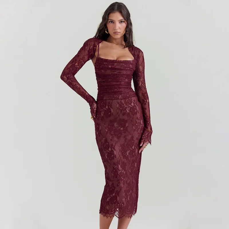 BWQ Bandage Slim Bodycon Lace Dress Women Spaghetti Strap 2024 Autumn Winter Dress Nightclub Sexy Party Dresses With Smock