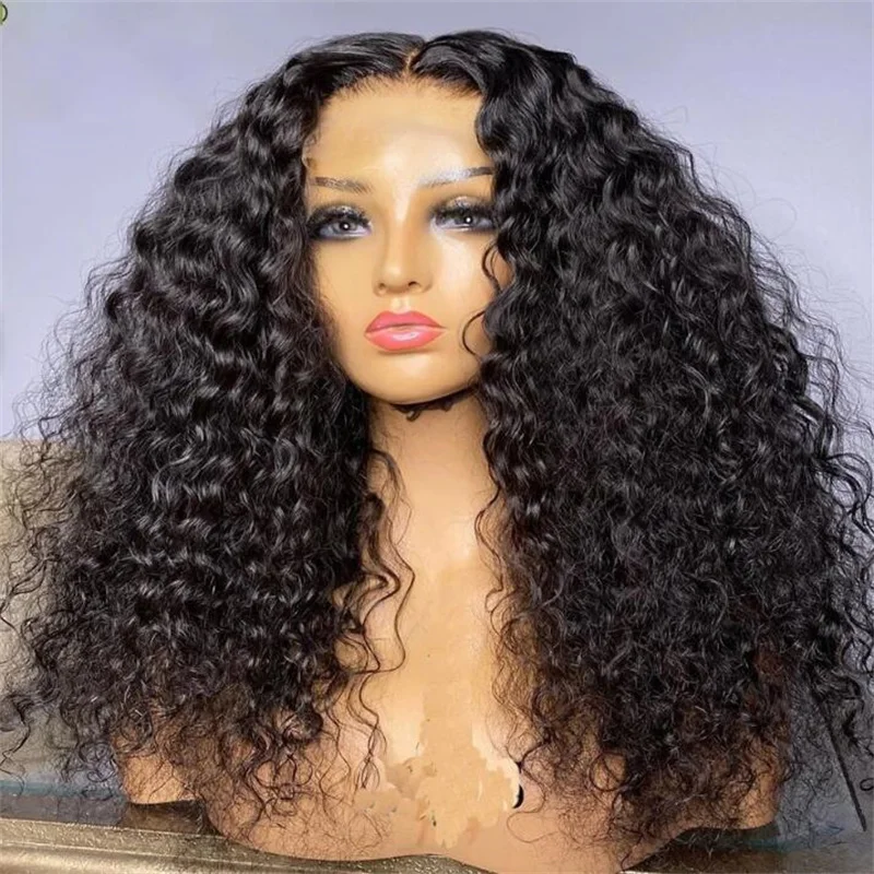 Peruca dianteira do laço longo Kinky Curly para mulheres, preto natural, cabelo do bebê, resistente ao calor, sem cola, pré-arrancadas diariamente, 180 densidade, 26"