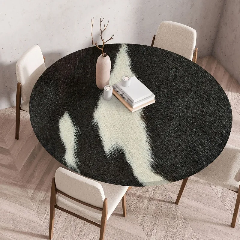 Creative Animal Fur Texture Patten Round Table Cover Fitted Vinyl Tablecloth Elastic Edged Waterproof Dining Table Cloth