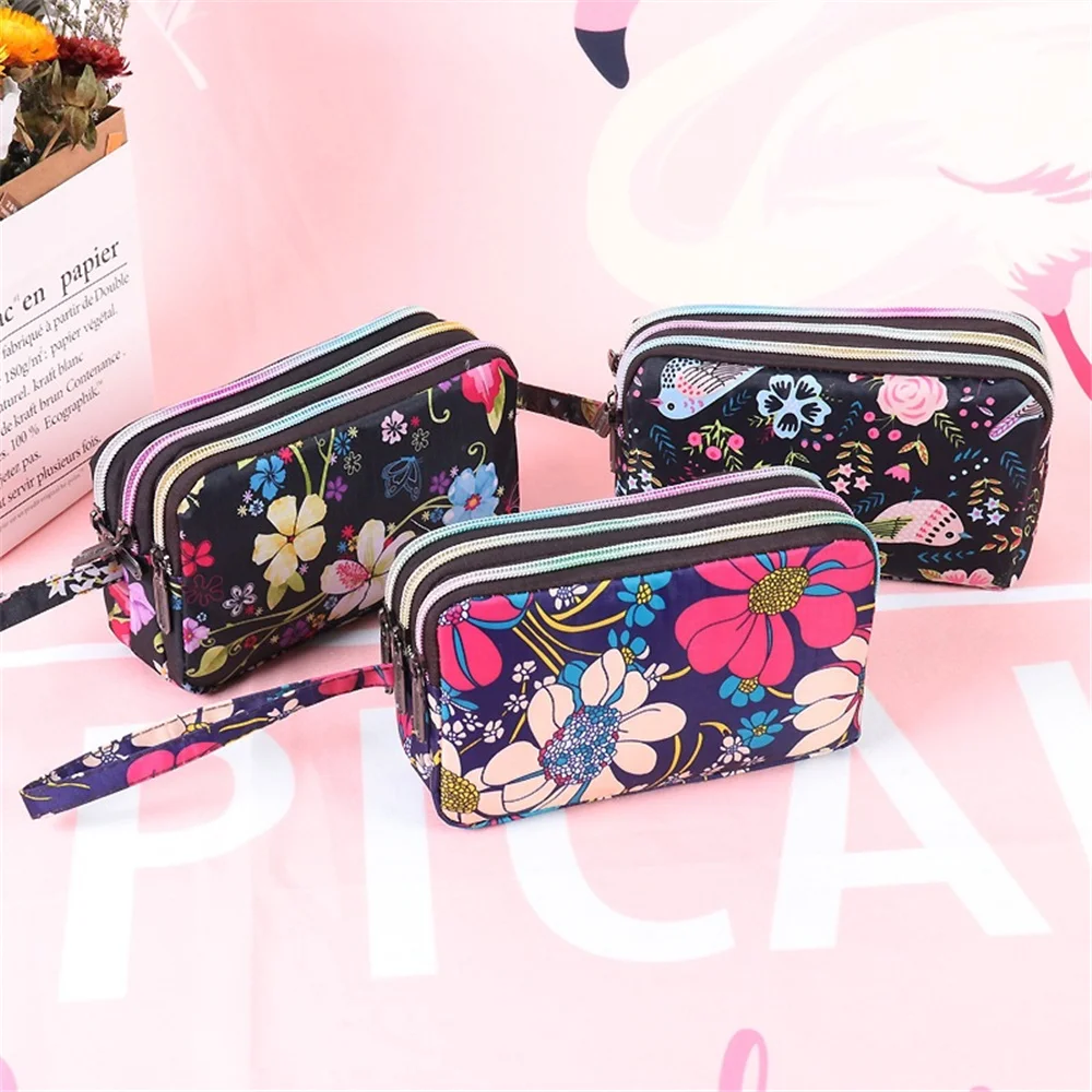 3 Zipper Women\'s Waterproof Wallet Cell Pouch Handbag Wristlet Bag Ladies Fabric Coin Purse Lipstick Bags Mobile Clutch Bags