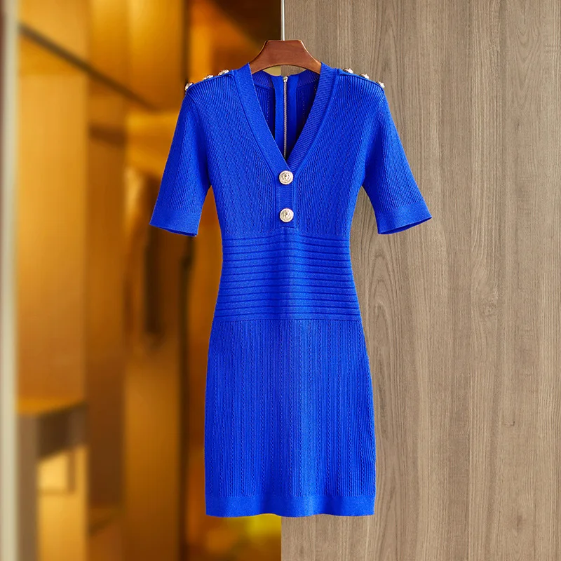 V-neck small sexy hip wrap skirt, blue and white zippered short sleeve knitted dress, popular in spring and summer