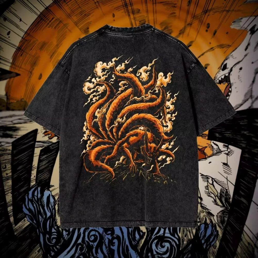 

Kurama Kyuubi Anime Graphics Washed T-Shirt Men's Hip Hop T-Shirt Couple Cotton Old Printed Streetwear