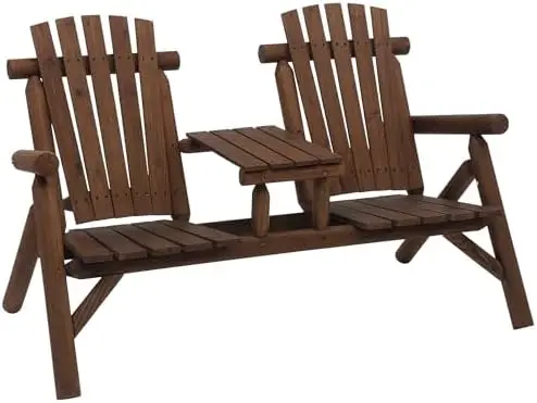 2-Seat Wooden Adirondack Chair Patio Bench with Table Carbonized | Outdoor Loveseat Fire Pit Chair, Porch, Backyard