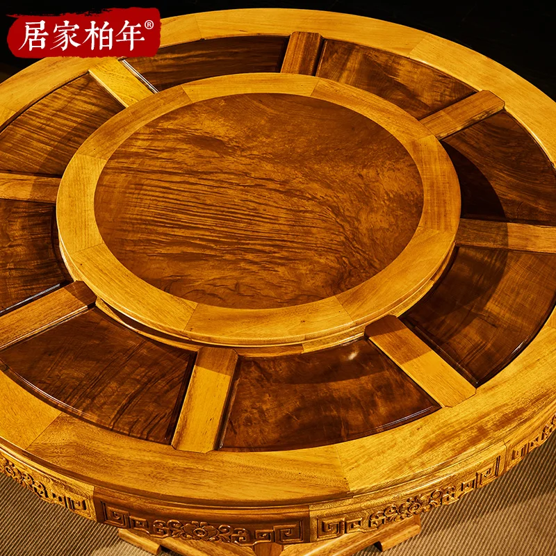Meja Bundar Nanmu Emas, Meja Makan Rumah Kayu Solid Bulat Cendana Merah, Meja Makan dan Kursi Rosewood Furnitur Cina c