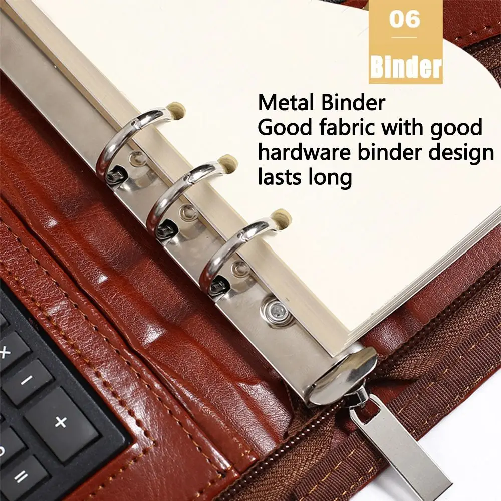

Memo Book Portable File Folder 6-Ring Card Holder Work Record Book PU Leather Zippered Closure Portfolio Binder Office Supplies