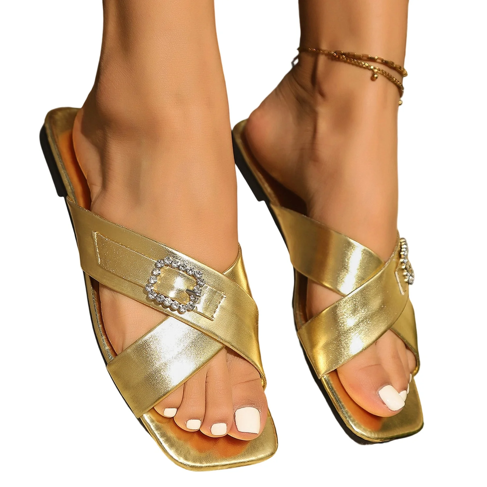 شباشب نسائية صيفية، شباشب شاطئ مسطحة بمقدمة مربعة وحزام متقاطع، شباشب كاجوال بلون سادة، شباشب مسطحة سهلة الارتداء #2