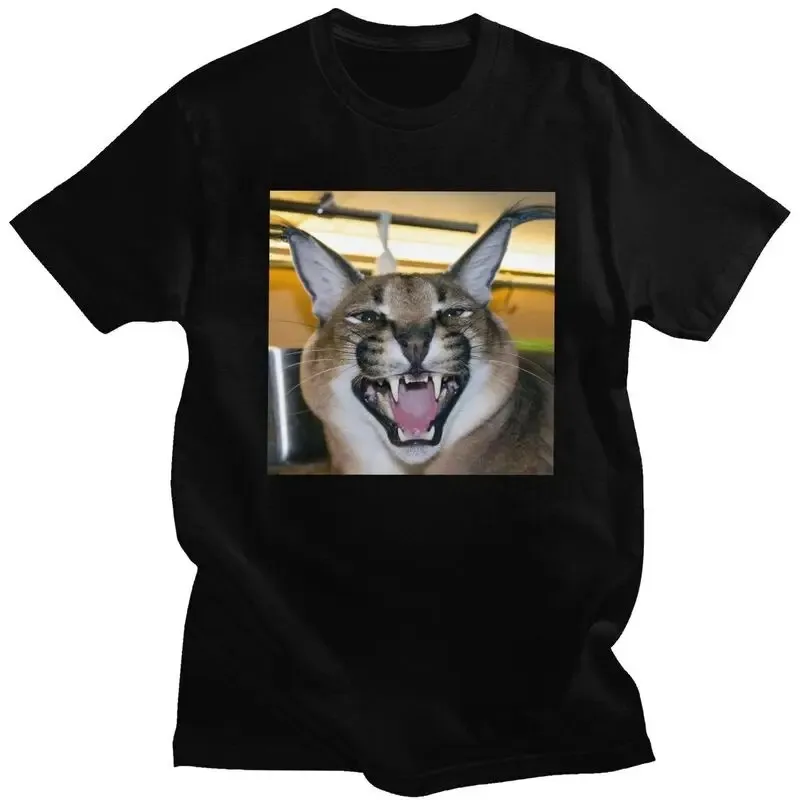 Big Floppa Caracal Yelling Meme Graphic Tee Shirt Funny Animal Lover Casual Cotton T-Shirt Men