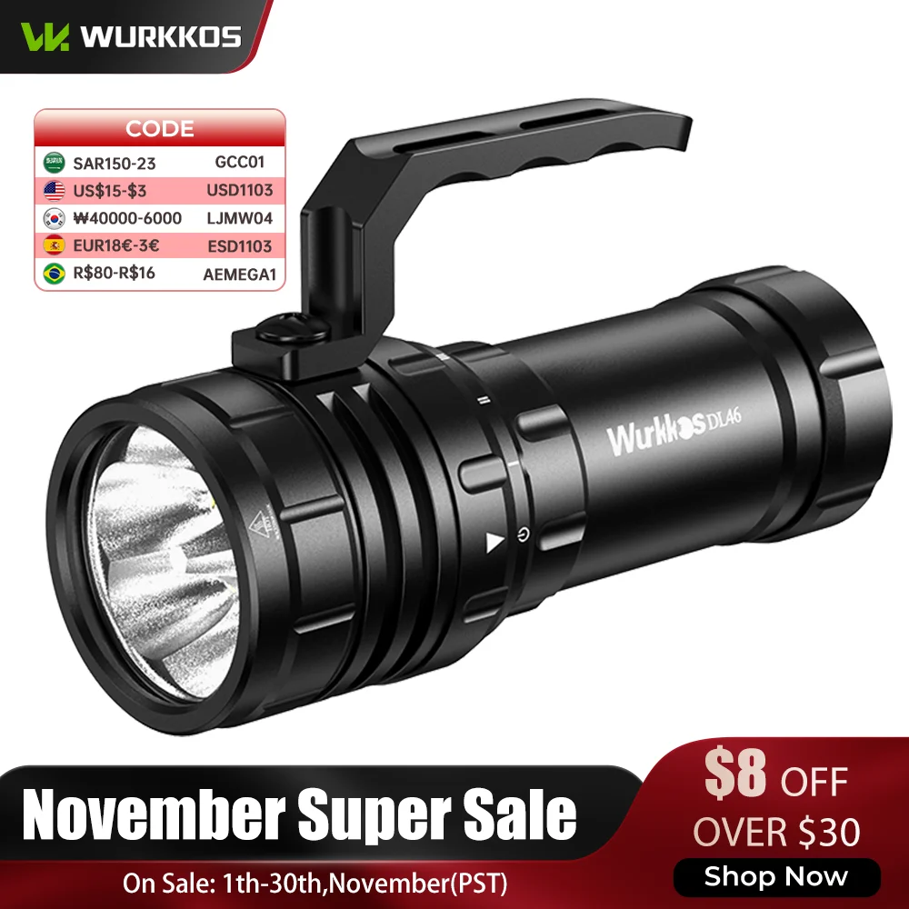 Wurkkos DL46 20000LM Super Bright Diving Flashlight 608M Range Rechargeable Underwater Lantern 30000mAh 46950 Battery Power Bank