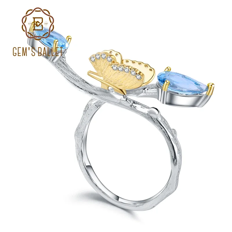 GEM'S BALLET 925 Sterling Silver Handmade Adjustable Ring 2.42Ct Natural Swiss Blue Topaz Butterfly on Branch Rings for Women