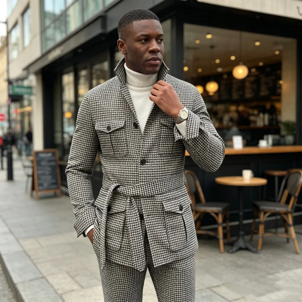 Plaid Single Breasted Safari Men Suit with Belt Set Separates 2 Pieces Custom Made Casual Wedding Daily Party (Blazer + Pants)