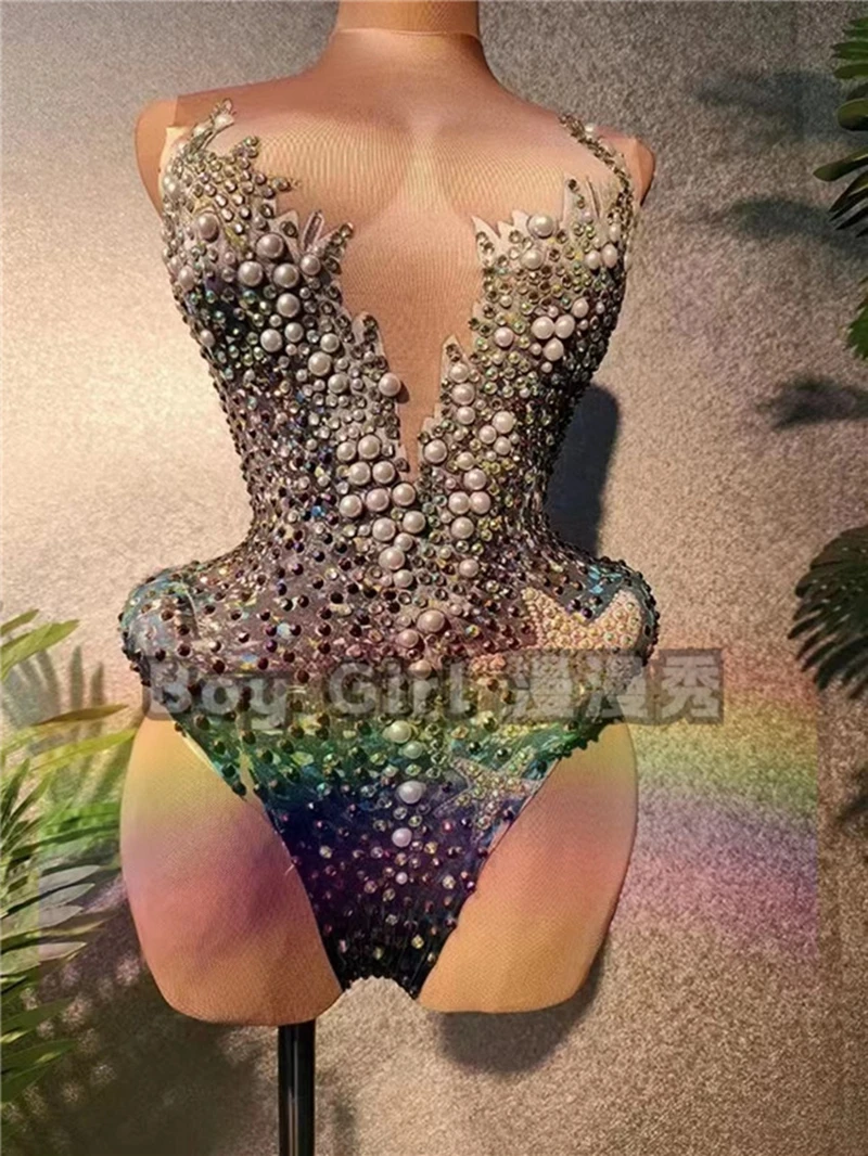 

New Sexy Shiny Pearl Diamond High Elastic Deep V Bodysuit Nightclub Bar Female Singer Dance Stage Performance Costume Fashion