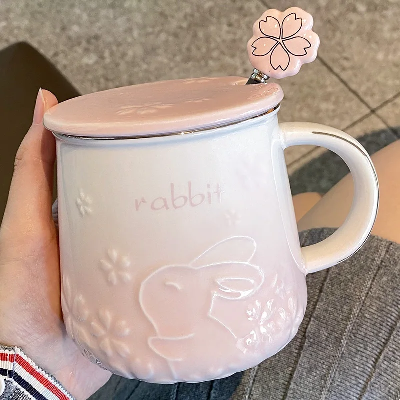 Chinese Style Ceramic Rabbit Pattern Tea Mugs, Home Personal Office Creative With Cover Spoon, Milk Water Coffee Cup, 400ml, 1Pc
