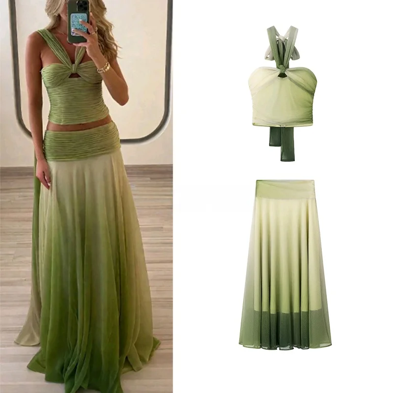 

Summer New Women's Casual Ne Hanging Belted adient Color Set f Skirt Top V-ne Long Sve Faionable Two-piece Suit