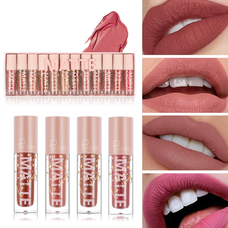 12 Teile/satz Flüssigkeit Matte Lippenstift Make-Up Tönung Langlebig Wasserdicht Sexy Rot Samt Lip Gloss Nude Lip Kit Maquiagem