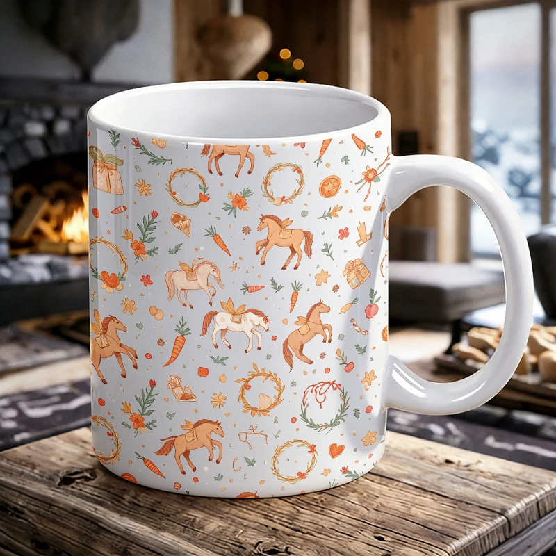 

Watercolor Style White Horse Fully Printed Ceramic Mug, Coffee Cup, Milk Cup, Office Tea Cup, Drinking Cup, Fade-Resistant