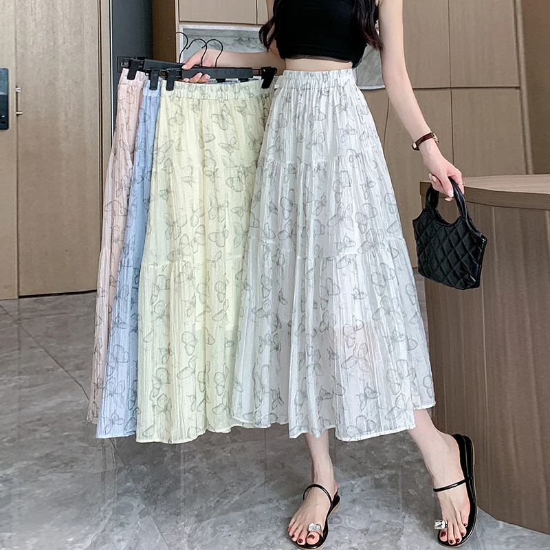 Printed Mid-length Skirt Women High Waist Polyester A Line Skirt Korean Vintage Hot Drilling Streetwear Loose Casual Skirts New