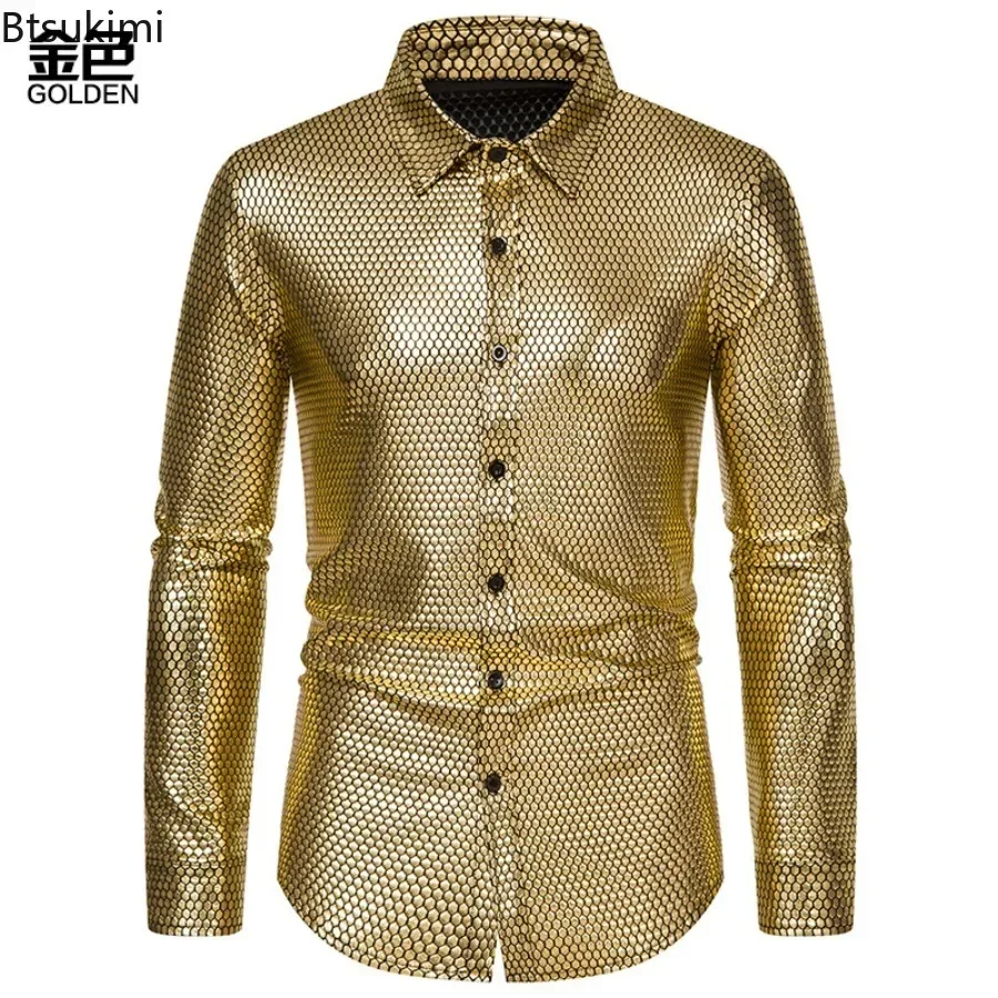New 2026 Men's 70s Disco Shirts Solid Slim Long Sleeve Single Breasted Shirts Party Prom Stage Nightclub Party Clothing for Men