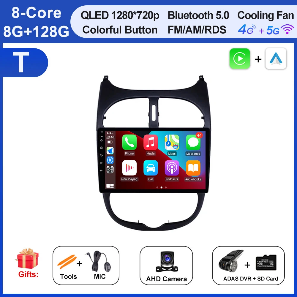 Autoradio Voor Peugeot 206 206SW 206CC 2000-2008 Android 16 Carplay Multimidia Video Player Draadloze Carplay Auto gereedschap Fan