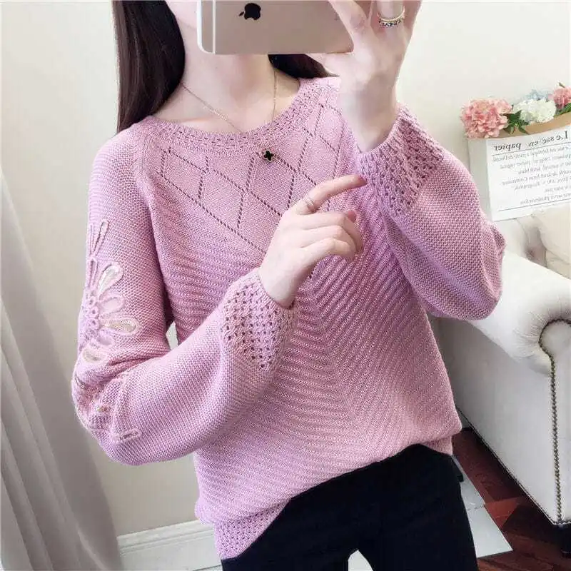 Temperament Spring Autumn New Sweaters Women\'s O-Neck Lace Embroidered Hollow Out Fashion Long Sleeve Pullovers Knitted Tops