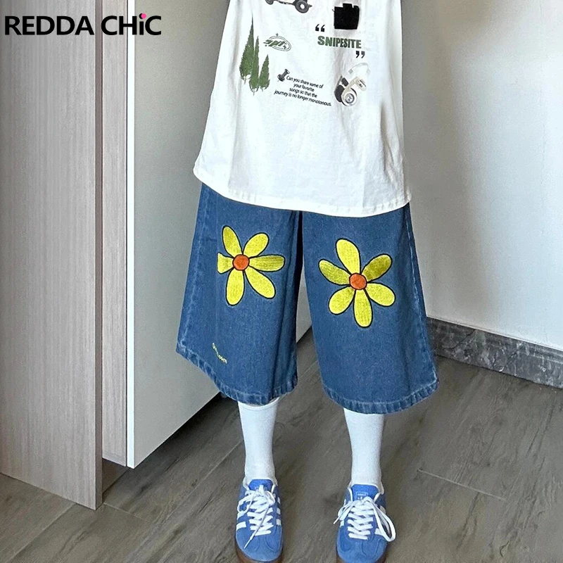 REDDACHiC Blue Bloom Baggy Jeans Jorts Women Men Casual Wide Leg Denim Shorts Boyfriend Oversized Pants Vintage Y2k Streetwear