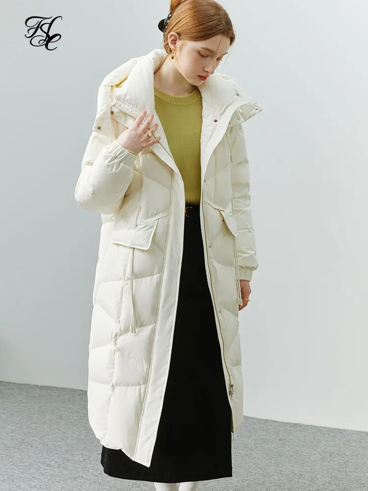 FSLE 199-233G Filling Capacity Three-dimensional Hooded Design Long Down Jacket for Women Simple High-end White Duck Down Jacket