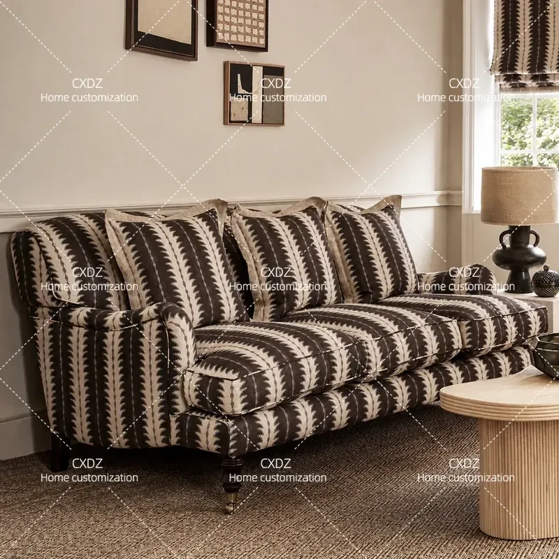 Medieval Printed Fabric Sofa Solid Wood Frame Retro Casual 3 Seater Couch for Small Apartment Living Room
