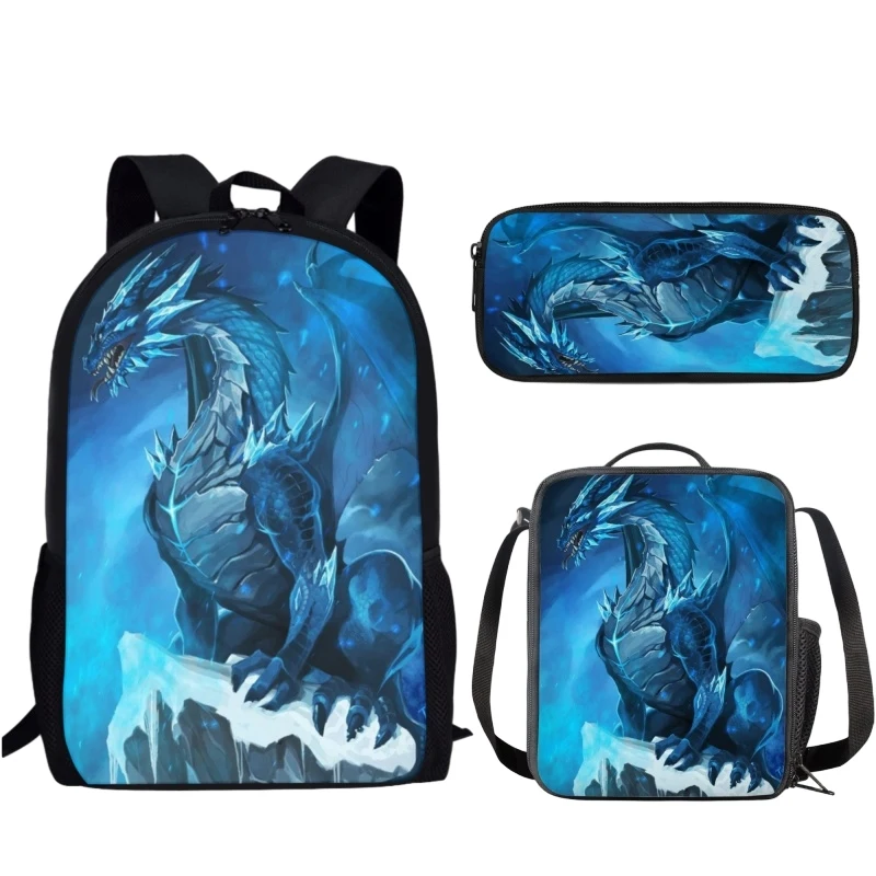 Cartoon Dragon Print School Bag para crianças, estudantes mochila, almoço Crossbody Bag, estojo de lápis, adolescente Bookbag, moda, 3pcs