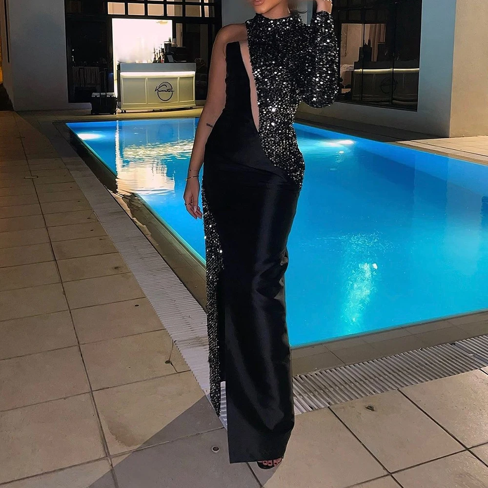 

Customized Exquisite One Shoulder Pleats Crystal Party Gown Graceful Straight Front Slit Satin Long Sleeves Black Evening Dress