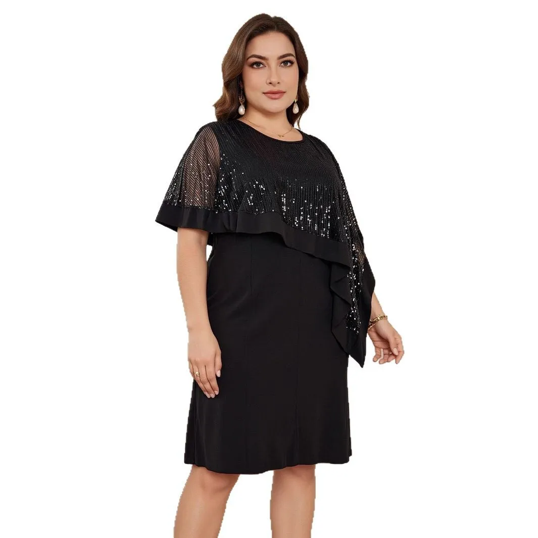 

Chic Sequined Knee Length Formal Evening Dress With Half Sleeves Black