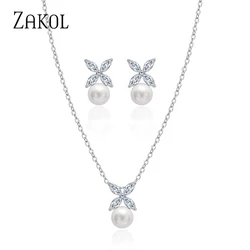 ZAKOL 2 Pcs Simple Marquise Zircon Pearl Stud Earrings Necklace Jewelry Sets for Women Charm Jewelry Gift Wholesale