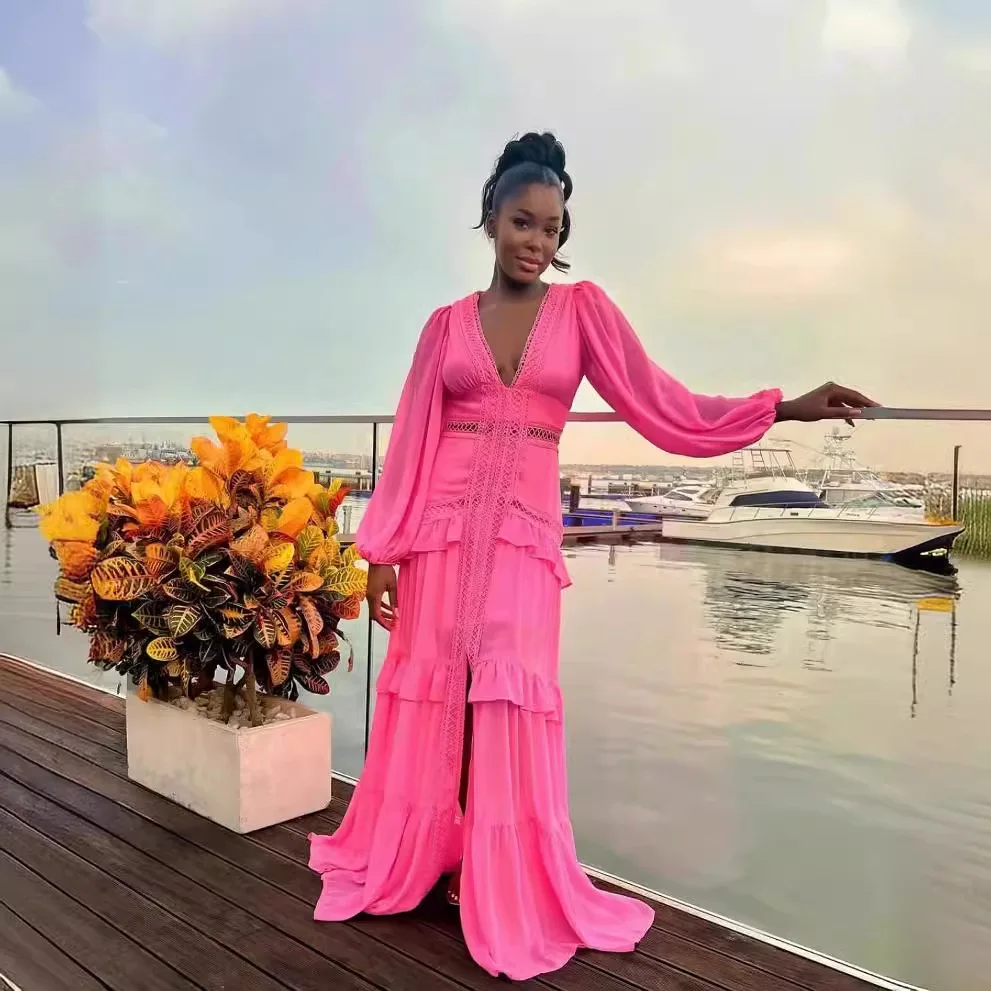 Moda elegância feminina longo maxi vestido de renda profundo decote em v manga cheia em camadas babados bordas vestidos de festa rua 6 vendido