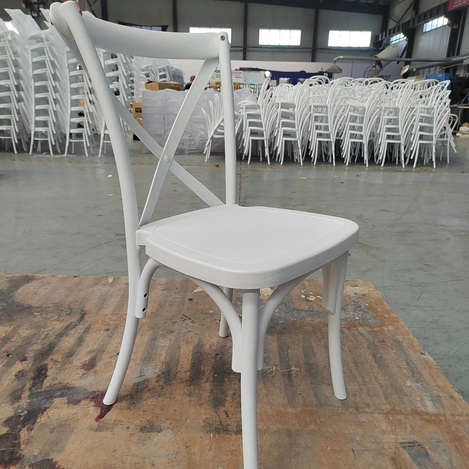 New process Removable Wood grain plastic cross back chair stackable white brown crossback hotel chair for wedding event