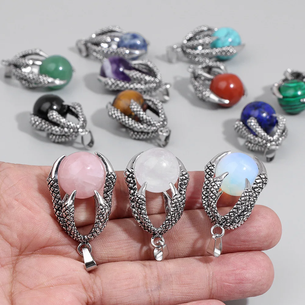 2pcs Punk Dragon Hand Shape Pendant Silver Color Hold Round Stone Gem Ball Necklaces Pendants For Making Men Jewelry Accessories view 2