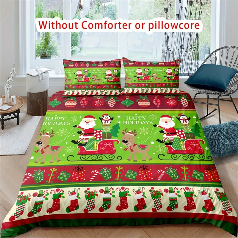 Holiday Quilt Cover Set, Cartoon Santa Claus and Penguin Sleigh Print, Soft Polyester Bedding  Bedroom and Dormitory Decoration