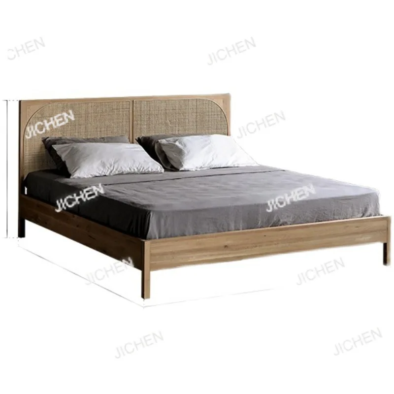 

Modern Minimalist Solid Wood Bed Style Wabi-sabi Wind Rattan Queen 1.8 Master Bedroom Double Bed Homestay Retro 1.5 Furniture
