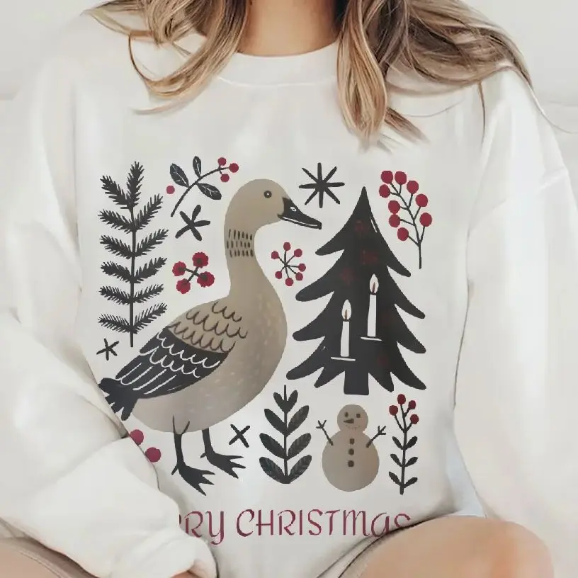 

Unisex Sweatshirt Long Sleeves Casual Hoodies Stylish Pullover Daily Wear Multiple Colors Versatile Retro Duck Merry Christmas