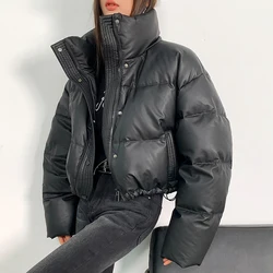 Gidyq Winter Pu Leather Cropped Parkas Women Fashion Streetwear Thick Warm Down Jacket Female All Match Zipper Puffty Outerwear