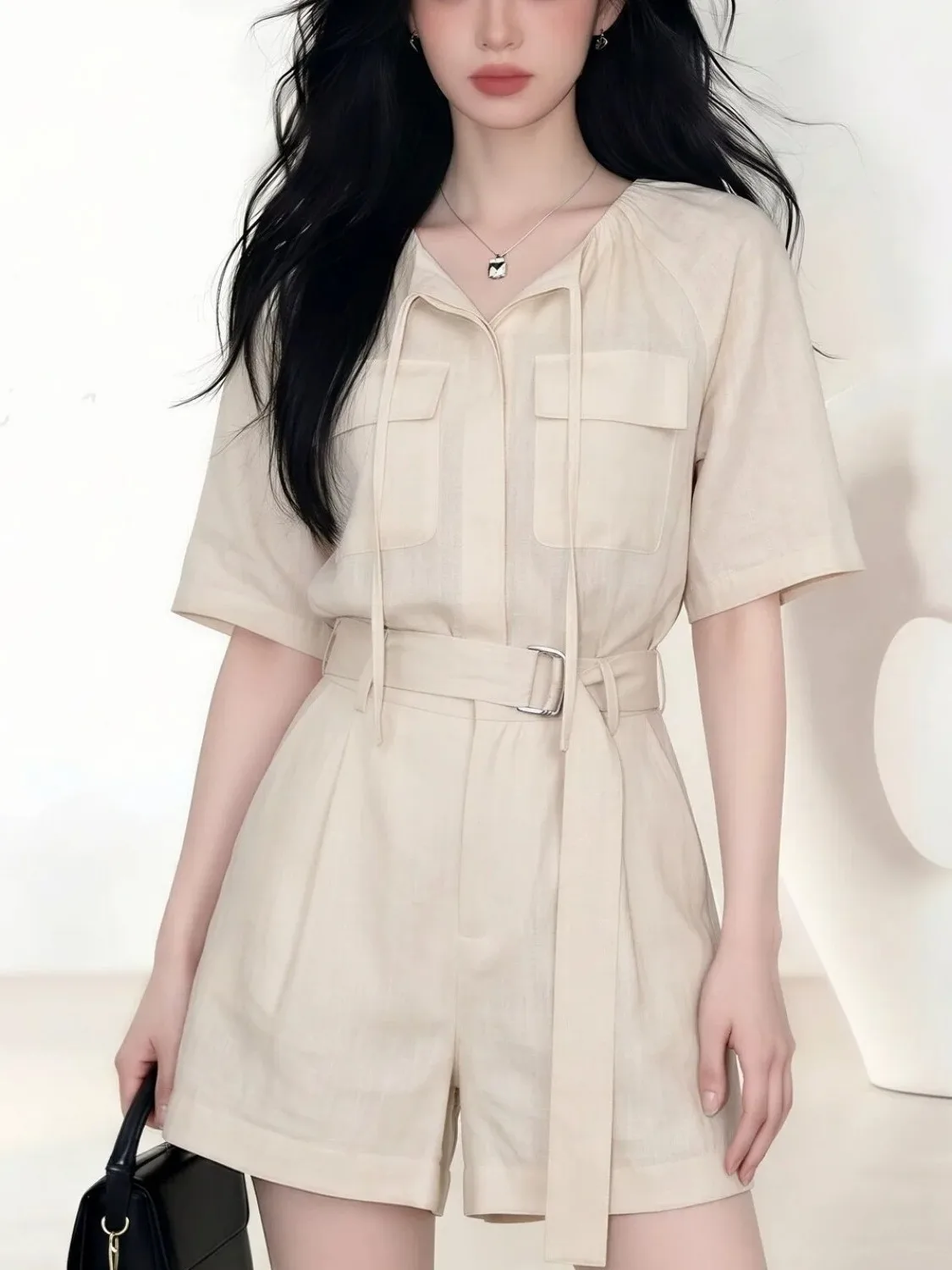 Retro Khaki Workwear Onesie Women's Cross-Border Cotton Linen Wide Leg Jumpsuit High Waist Short Pants Cardigan Sand