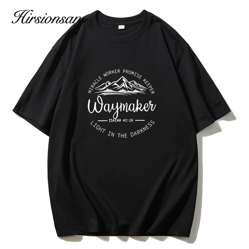 Hirsionsan 100% Cotton Mountain Print T Shirt Women 2024 Summer New Basic Vintage Tee Casual Loose Chic O Neck Female Couple Top