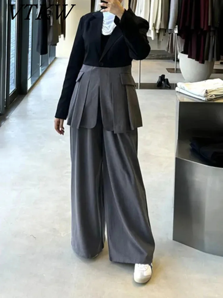 

VTKW Patchwork pleated design one-button 2025 Women's blazer spring style high-quality loose long-sleeved suit set of two pieces