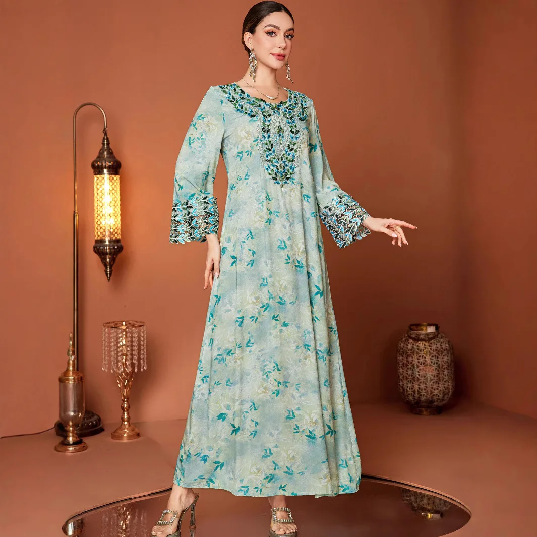 Muslim Fashion Women Loose O-neck Long Sleeve Casual Trendy Daily Elegant Luxury Green Printed Dresses Female Jalabiys Clothes