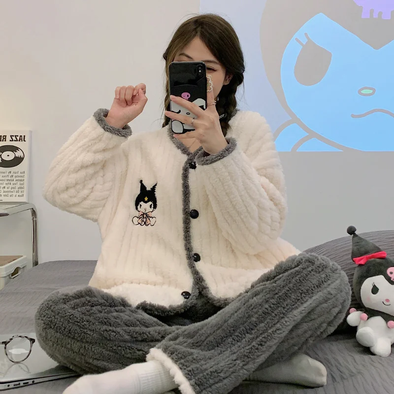 Sanrio Stitch Disney Soft Plush Pajamas Suits Cute Cartoon Fleece Long Sleeve Cardigan Long Pants Two Pieces Sets For Women