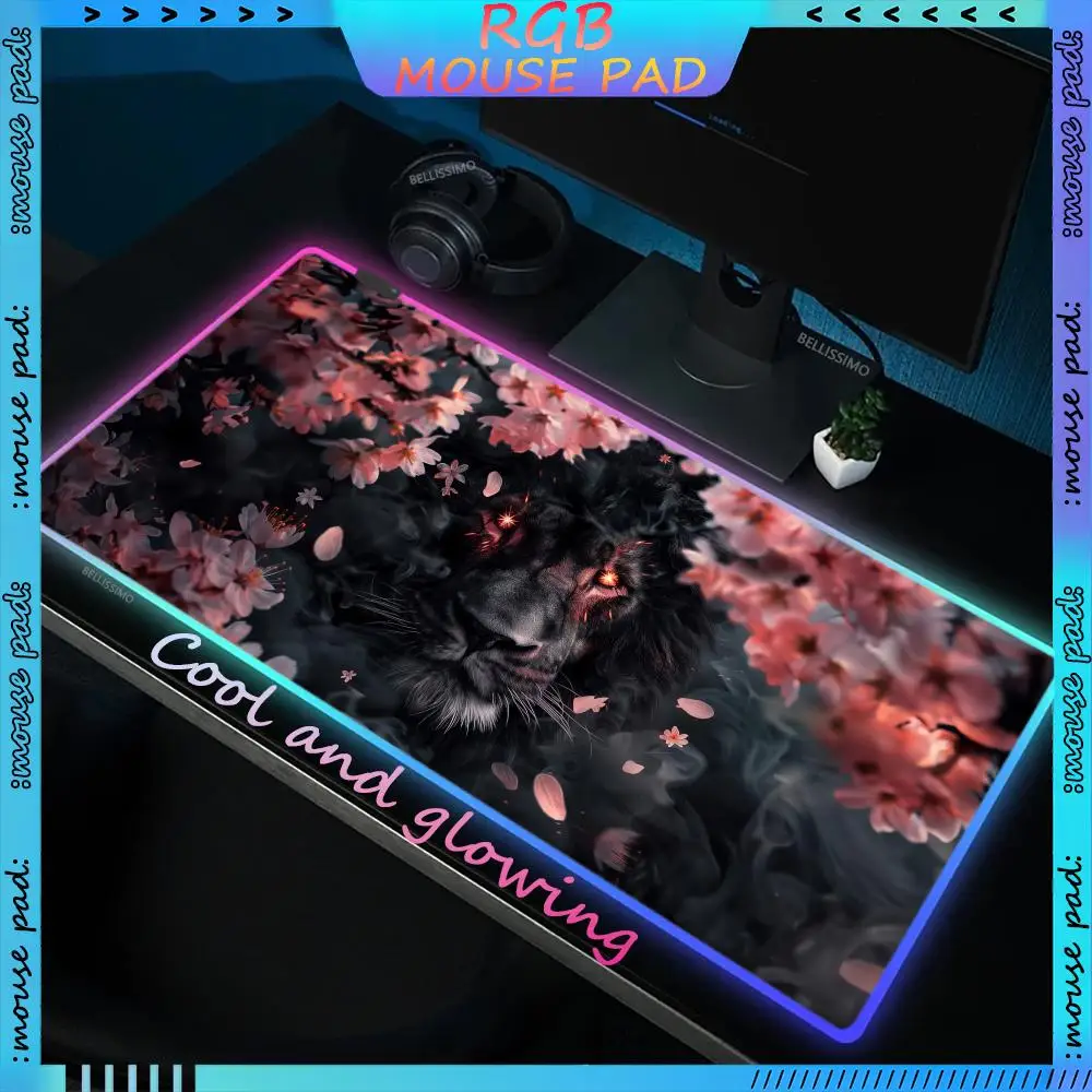 

RGB Sakura Lion HD Printed MousePad Large Game Accessories Gamer Non-slip Keyboard Pad LED Desk Pad Rubber Luminous Mouse Pad