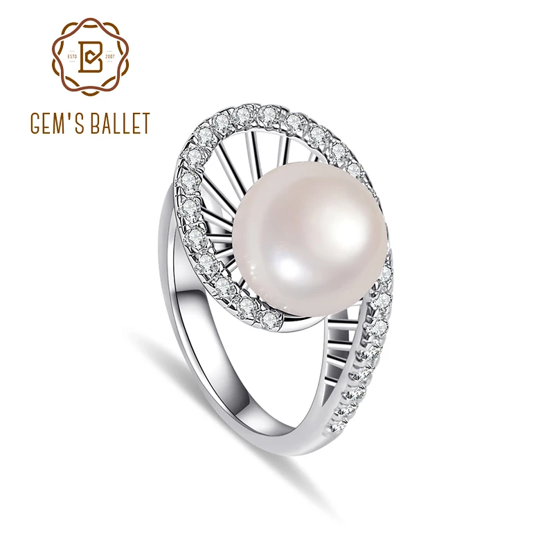 

GEM'S BALLET 925 Sterling Silver 10mm White Freshwater Pearl Ring Cocktail Ring For Christmas Valentine's Day Gift For Her