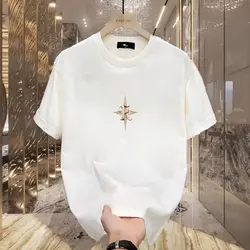 2024 Men's Summer Pullover O-Neck Patchwork Solid Color Printing Fashion Comfortable Street Slim Fit Short Sleeve Casual Tops