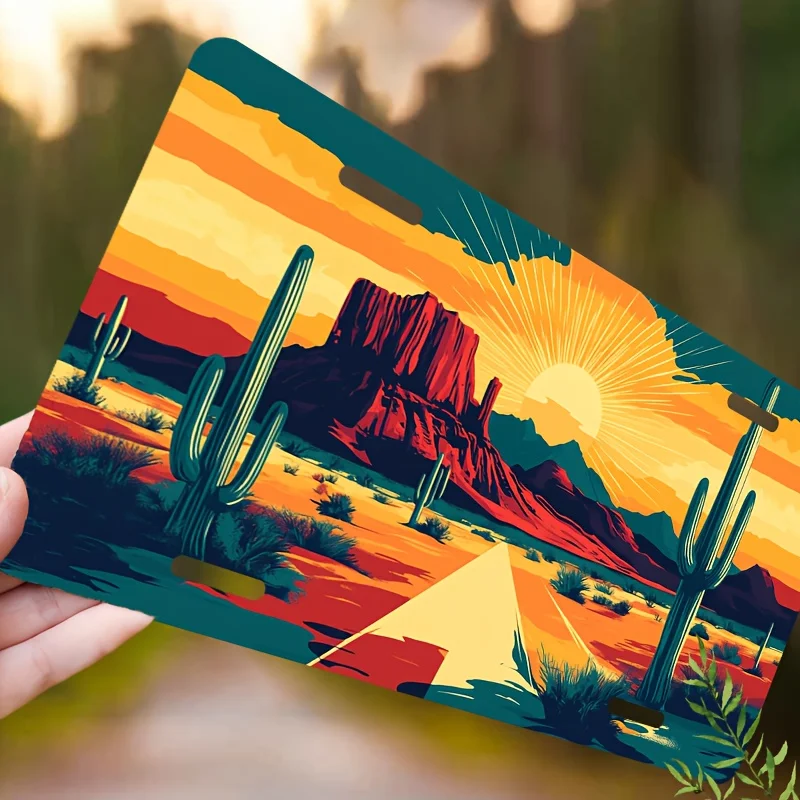 2D Flat, 1pc Sunset Desert Road License Plate Cover and Frame - Vibrant Cactus & Rock Landscape Design, Durable Aluminum, Waterp