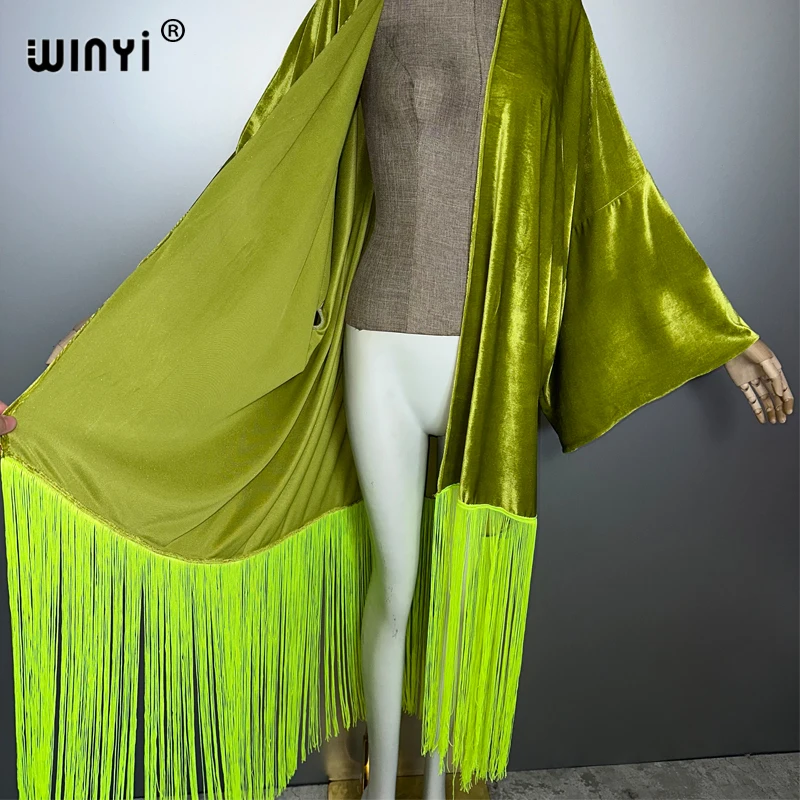 WINYI Quasten Kimono Strand Cover-up Sommer Outfits für Frauen Elegante Mode Monochrome Strickjacke sexy Urlaub Maxikleid