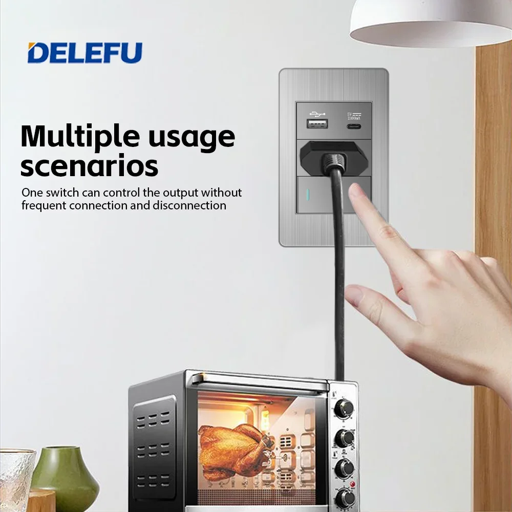 DELEFU Black Stainless steel  Italy Standard Home Office EU Outlet USb Type C Chile Korea Wall Socket Light Pressure Switch 118