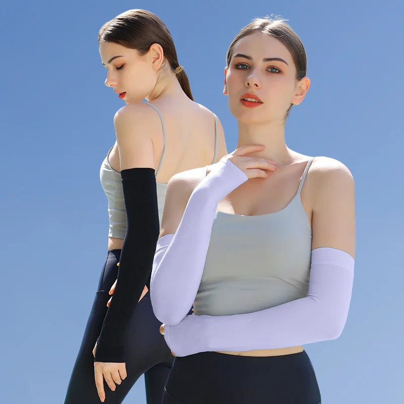 Frauen Sommer Radfahren Armlinge Fingerlose Handschuhe Eis Seide Stoff Anti-UV UPF Kühlung Elastische Outdoor Sport Getriebe Arm Ärmel